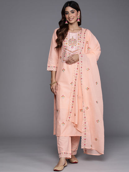 Dhiyona VR Women's Peach Thread And Sequins Embroidered Kurta With Tonal Bottom And Dupatta