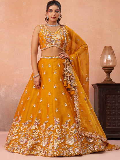 Mustard- Tissue Sequinned with Zari Embroidered Semi-Stitched Lehenga & Unstitched Blouse With Dupatta