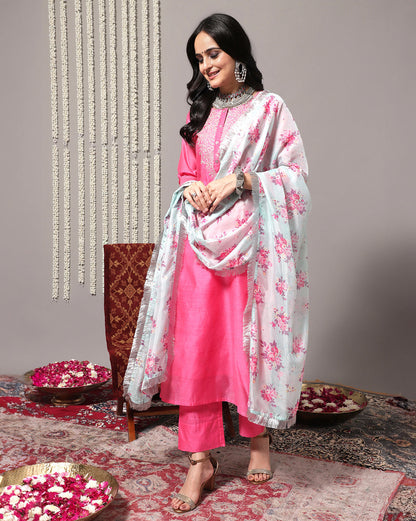 Dhiyona VR Women's Pink Floral Embroidered Regular Chanderi Silk Kurta With Trousers & With Dupatta
