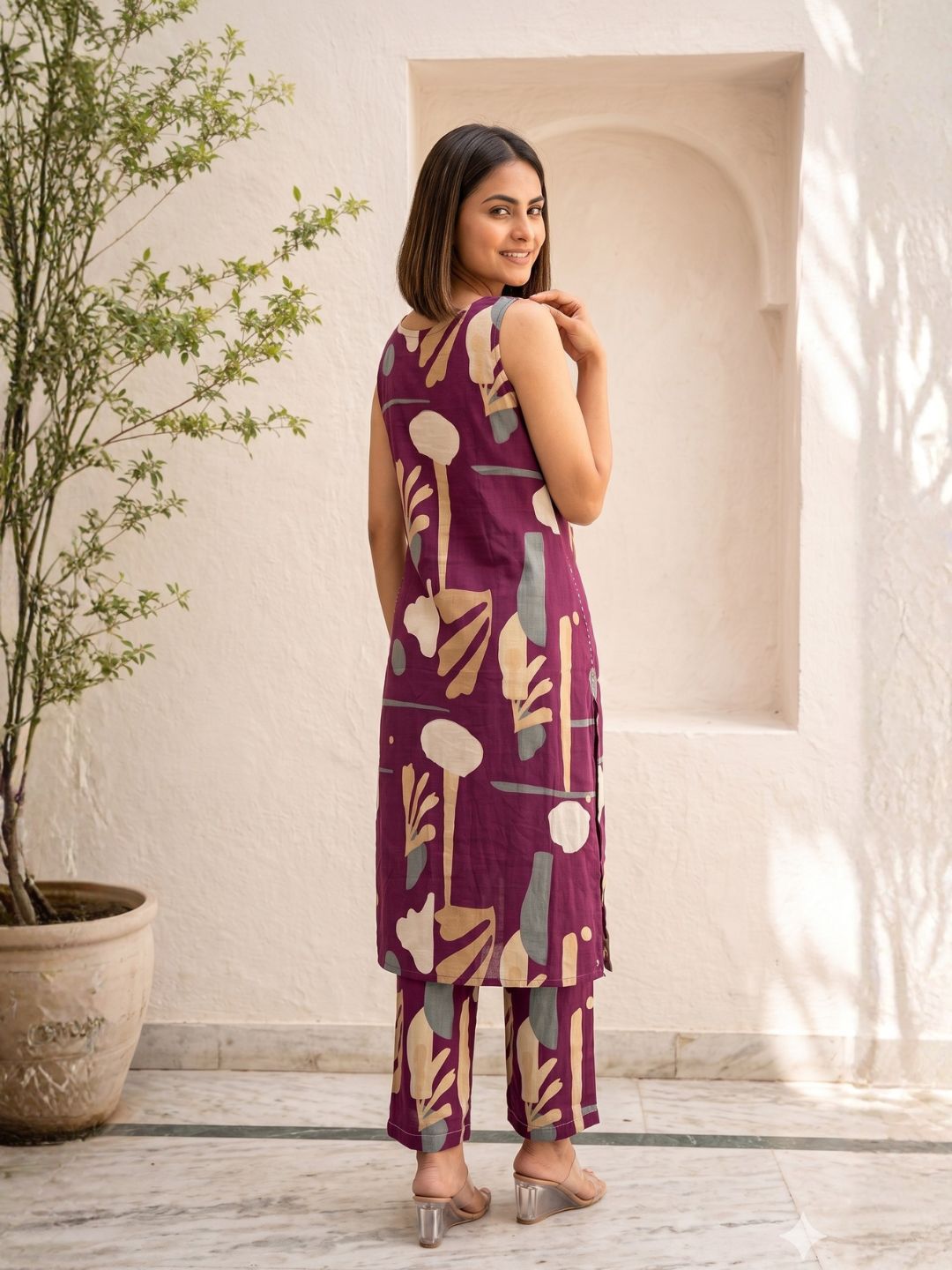 Sarika Plum Printed Sleeveless Kurta Pant Set