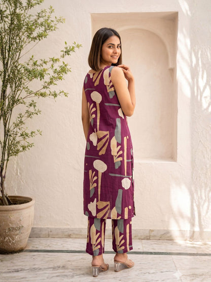 Sarika Plum Printed Sleeveless Kurta Pant Set