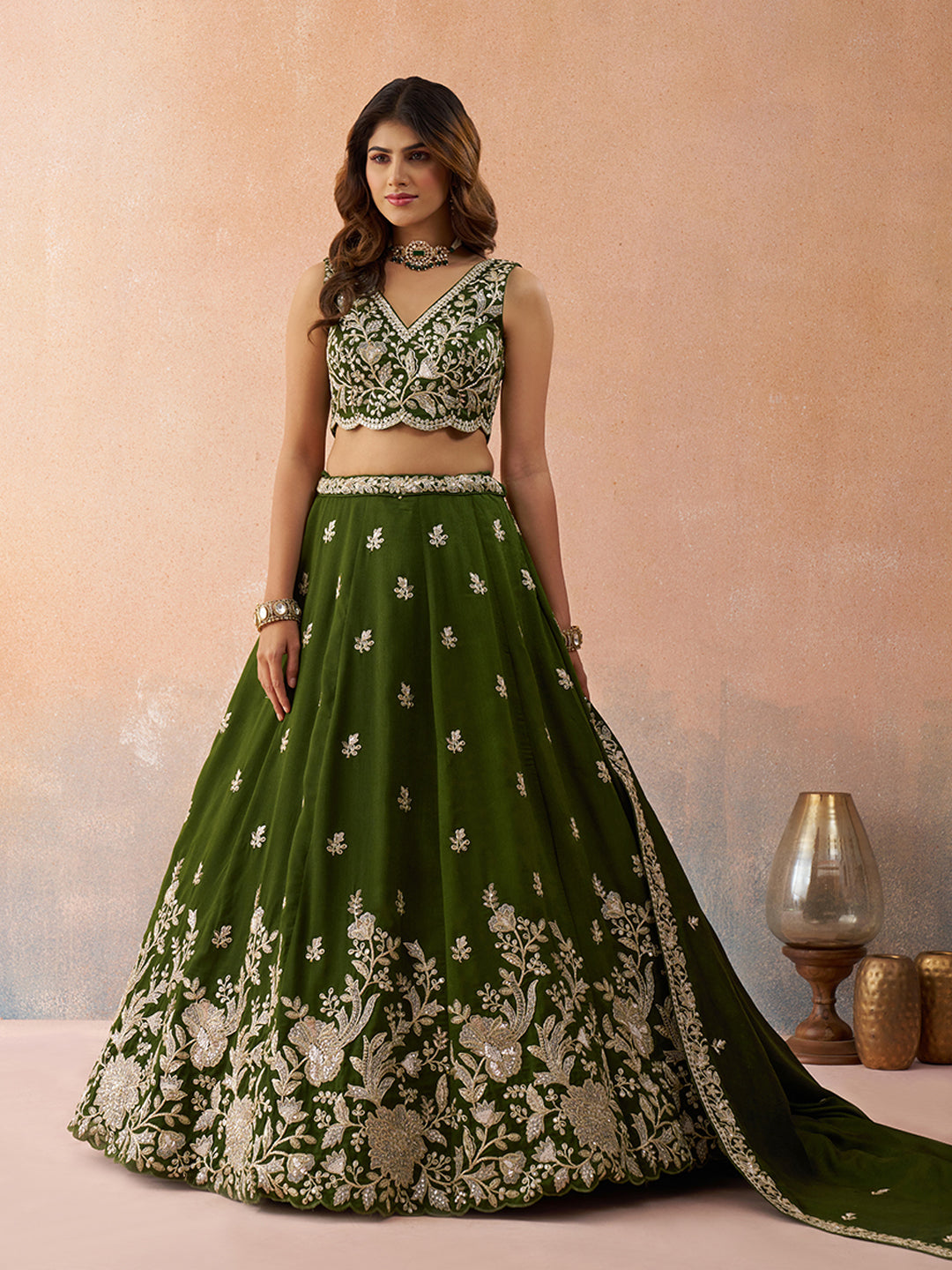 Olive- Tissue Sequinned with Zari Embroidered Semi-Stitched Lehenga & Unstitched Blouse With Dupatta