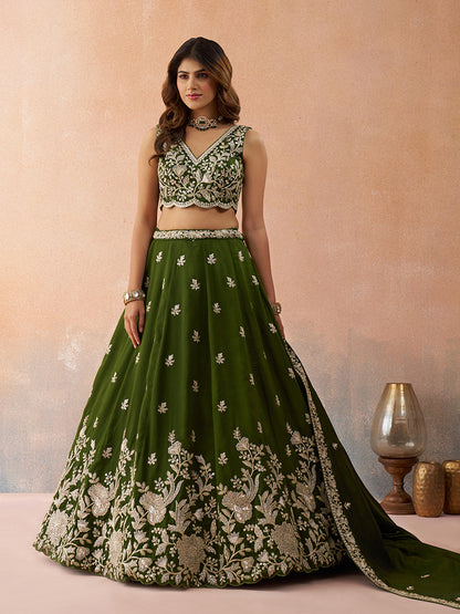 Olive- Tissue Sequinned with Zari Embroidered Semi-Stitched Lehenga & Unstitched Blouse With Dupatta