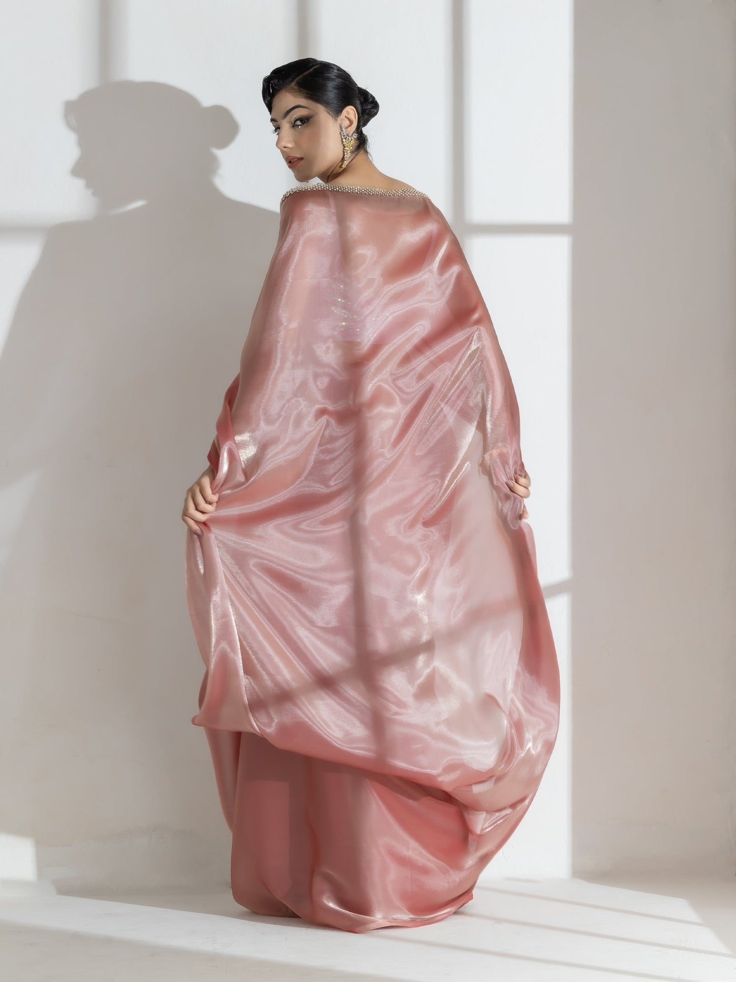 Dhiyona ST Mettalic Bloom Organza Satin Saree  with Diamond Studs and Self Blouse Fabric