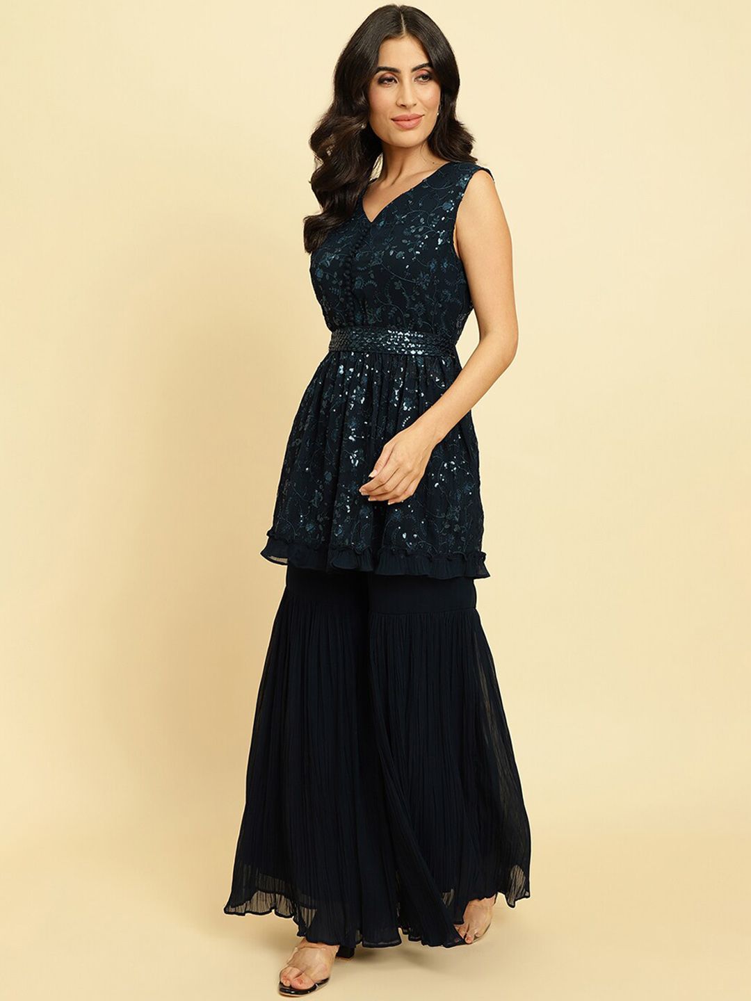 Dhiyona VA Floral Embroidered Empire Sequinned Silk Georgette Kurta With Sharara & Dupatta