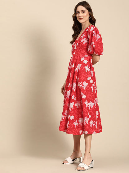 Dhiyona AY Women's Floral Print Puff Sleeves Pure Cotton A-Line Midi Dress