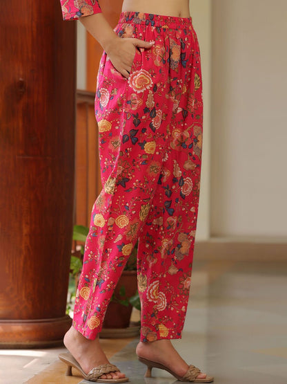 Dhiyona RR Women's Floral Printed Regular Pure Cotton A-Line Kurta with Trousers