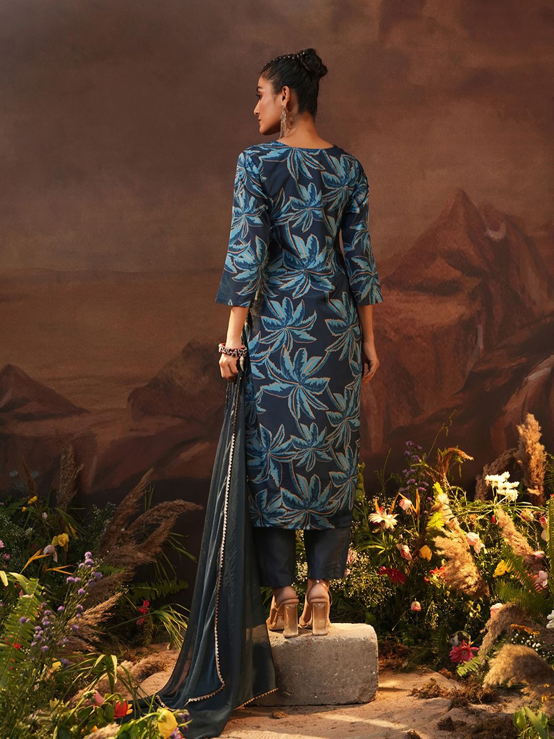 Dhiyona IS Women's Navy Blue Floral Printed Beads And Stones Straight Kurta With Trousers & Dupatta