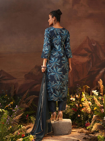 Dhiyona IS Women's Navy Blue Floral Printed Beads And Stones Straight Kurta With Trousers & Dupatta