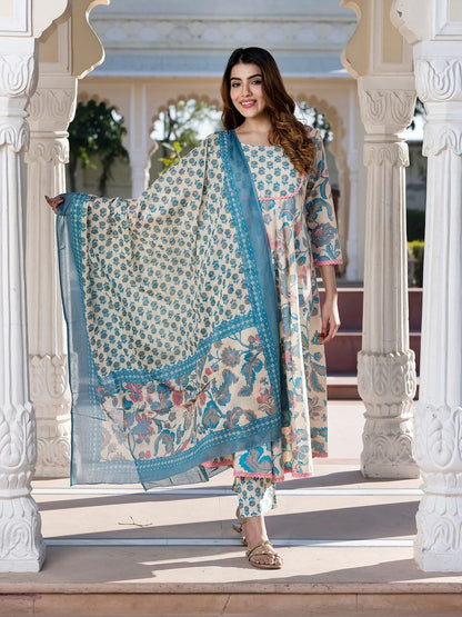Dhiyona KL Floral Printed Round Neck Pure Cotton Anarkali Kurta with Trousers & Dupatta
