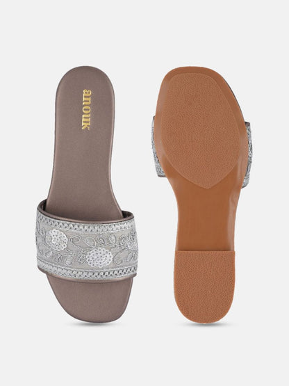 Dhiyona AK Grey Embellished Open Toe Ethnic Flats
