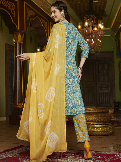 Floral Printed Pure Cotton Straight Kurta With Trouser & Dupatta Set
