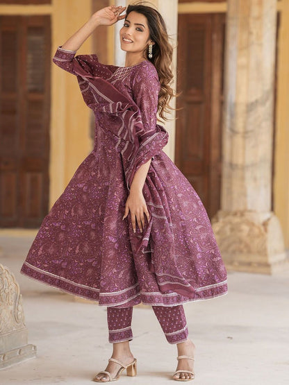 Dhiyona KL Ethnic Motifs Printed Pure Cotton Anarkali Kurta With Trousers & Dupatta