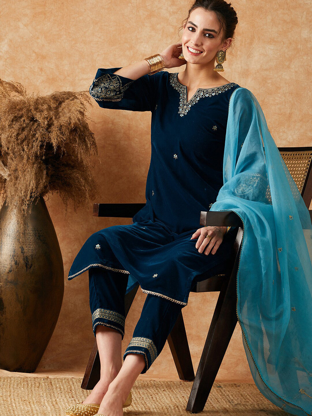 Embroidered Sequinned Velvet Kurta With Trousers & Dupatta