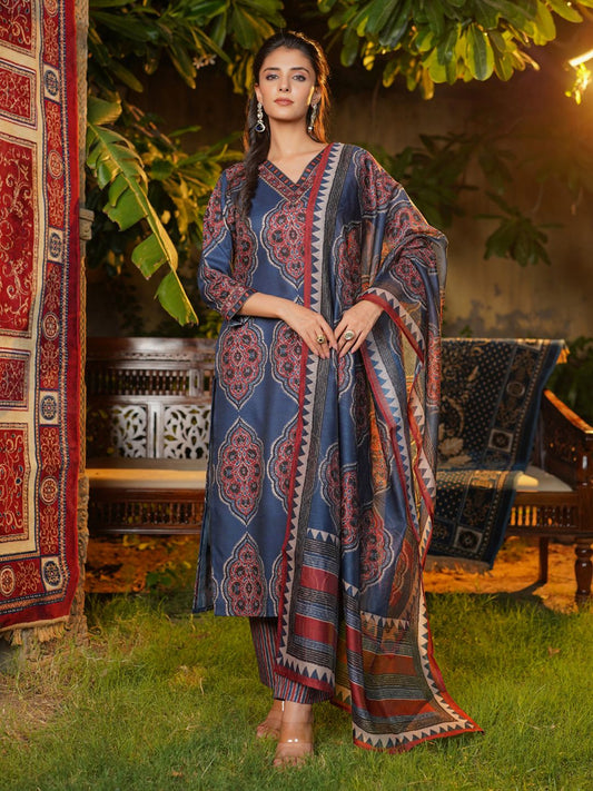 Dhiyona KL Floral Printed V-Neck Straight Kurta With Trousers & Dupatta