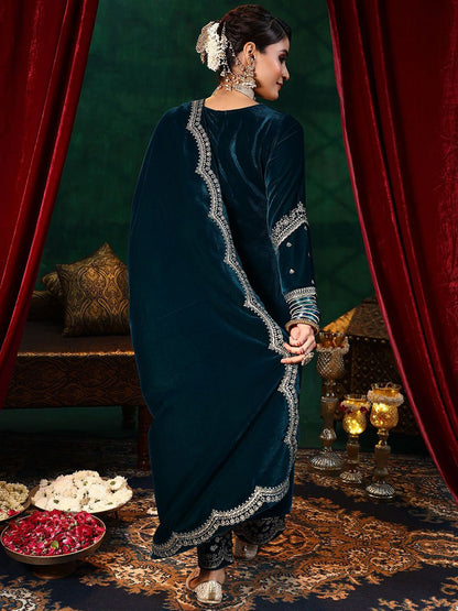 Dhiyona LL Floral Embroidered Zari Velvet Straight Kurta With Palazzos & Dupatta