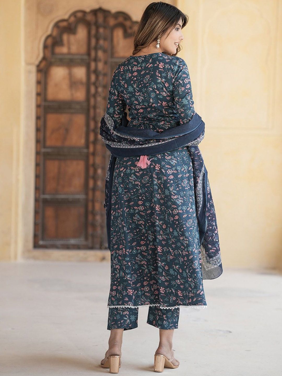 Dhiyona KL Floral Embroidered Thread Work Pure Cotton Anarkali Kurta With Trousers & Dupatta