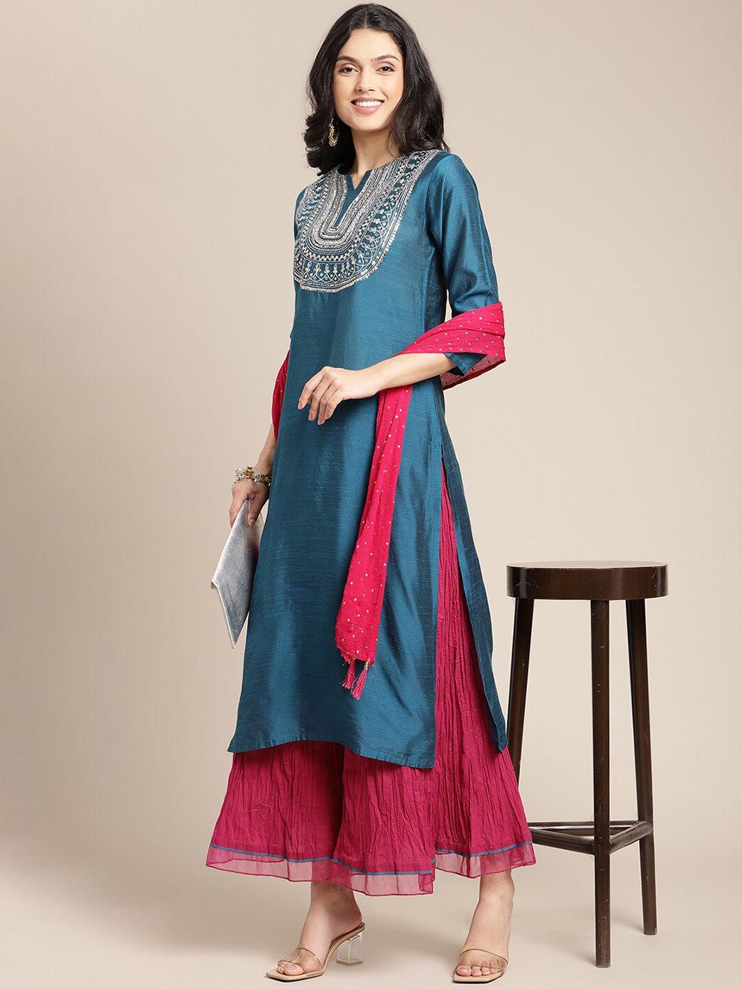Dhiyona VA Women's Teal & Red Embroidered Kurta & Palazzo With Dupatta