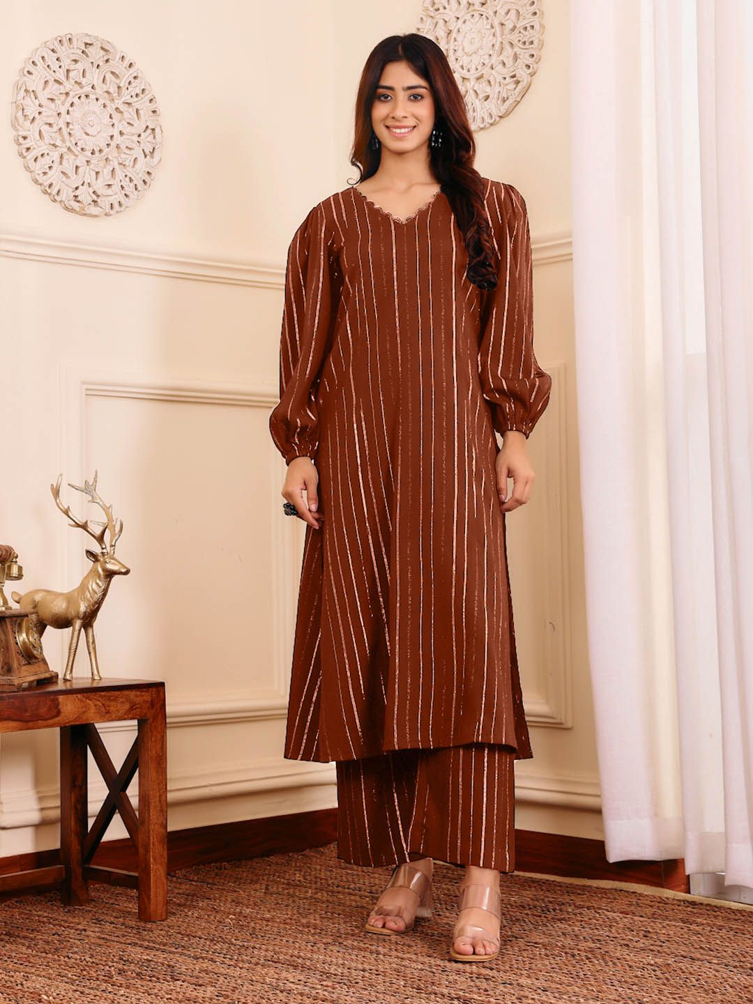 Brown Striped V-Neck A-Line Kurta With Trousers