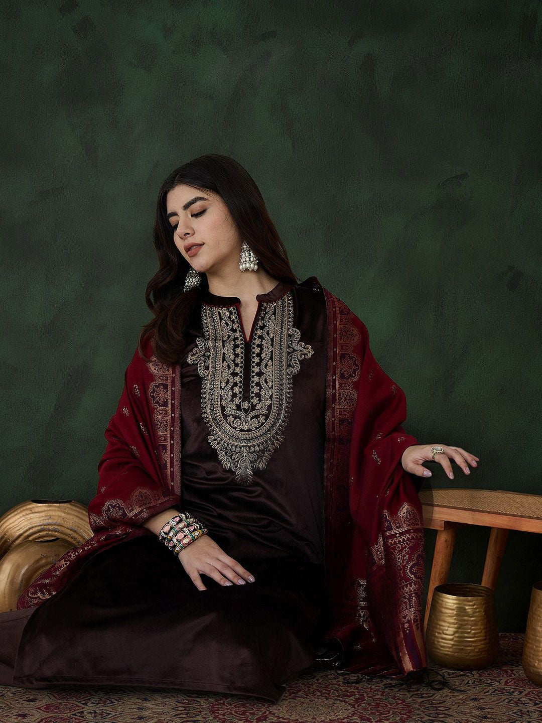 Coffee Brown Floral Embroidered Velvet Kurta With Trouser With Dupatta