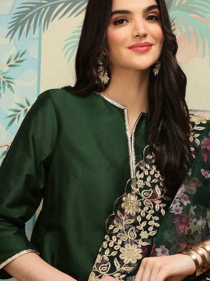 Dhiyona IS Women's Green Thread Work Silk Crepe Straight Kurta With Trousers & Dupatta
