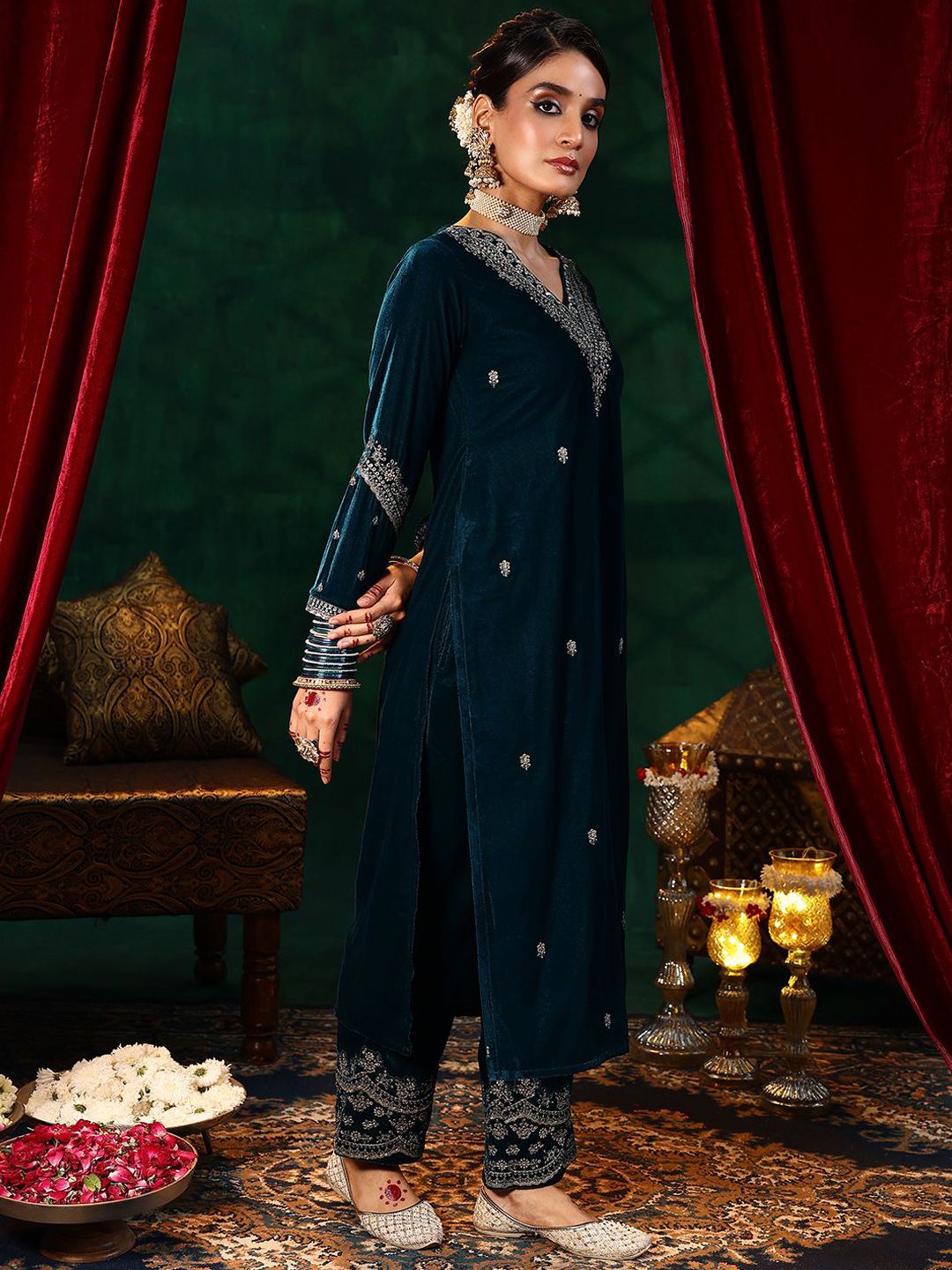 Dhiyona LL Floral Embroidered Zari Velvet Straight Kurta With Palazzos & Dupatta