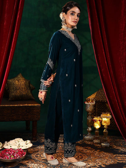 Dhiyona LL Floral Embroidered Zari Velvet Straight Kurta With Palazzos & Dupatta