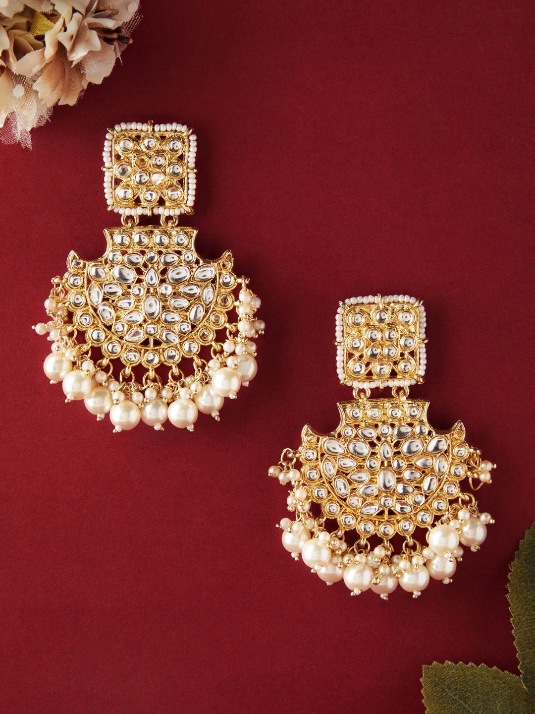Dhiyona RJ Women's Off-White Gold-Plated Kundan-Studded Long Chandbalis with Pearl-Beaded