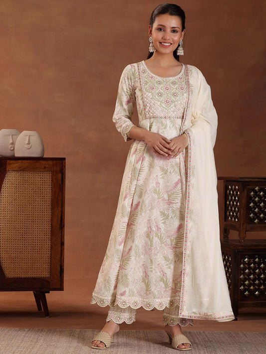 Floral Printed Panelled Thread Work Pure Cotton Kurta with Trousers & With Dupatta