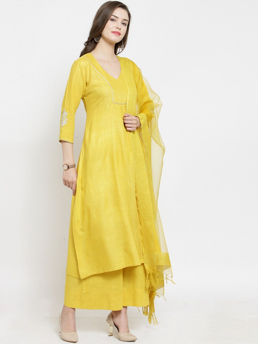 Dhiyona KL Geometric Yoke Design Kurta & Palazzos with Dupatta