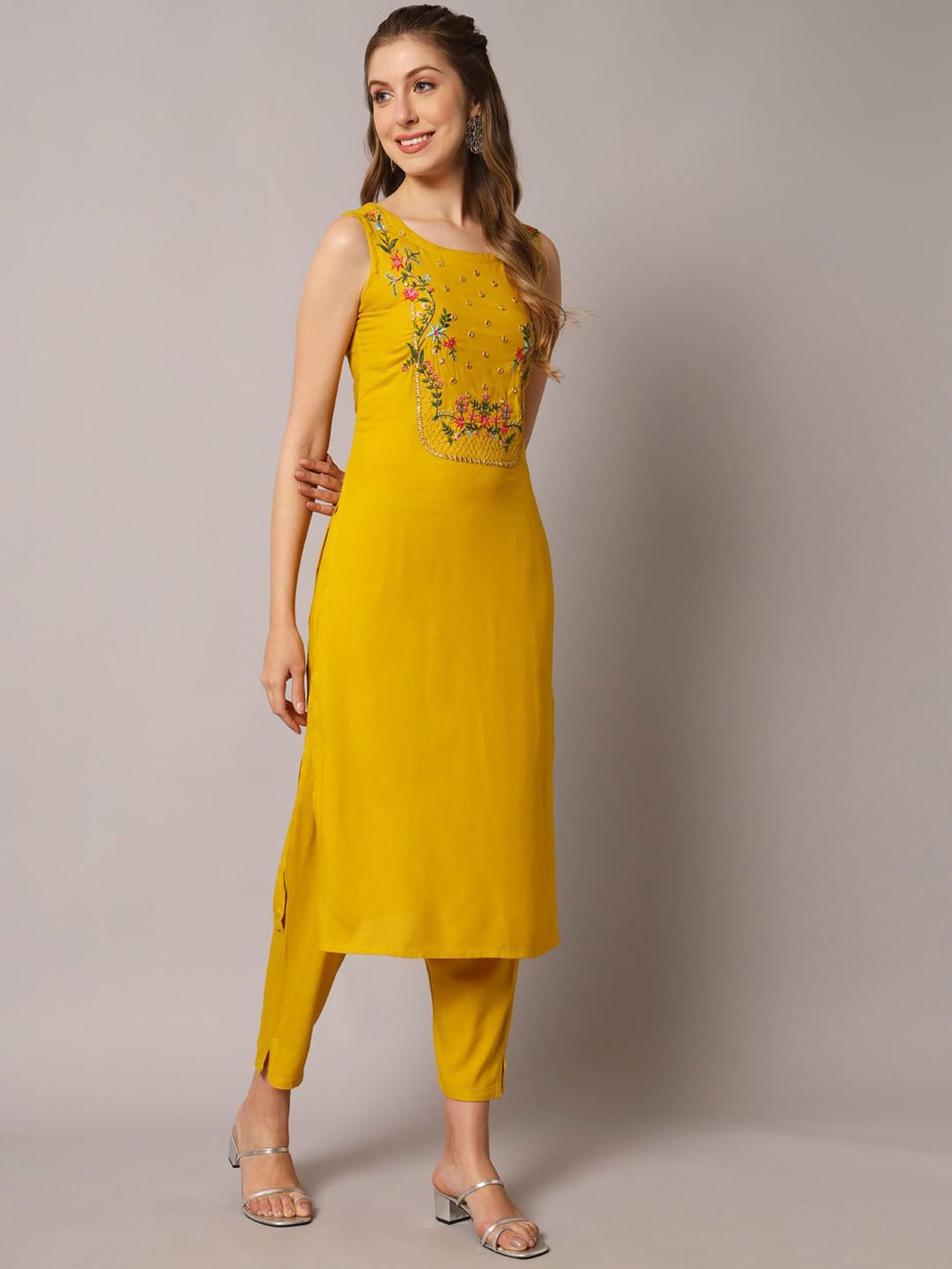 Dhiyona KL Floral Embroidered Mirror Work Straight Kurta with Trousers & Dupatta