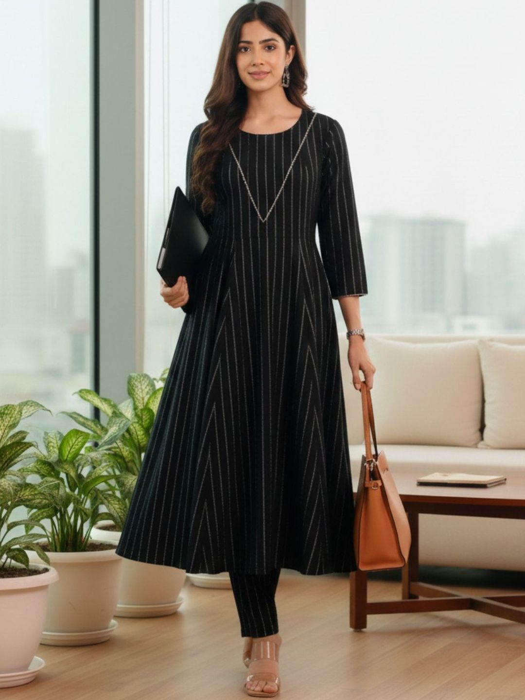 Black Women Striped Regular Silk Crepe Kurta with Trousers