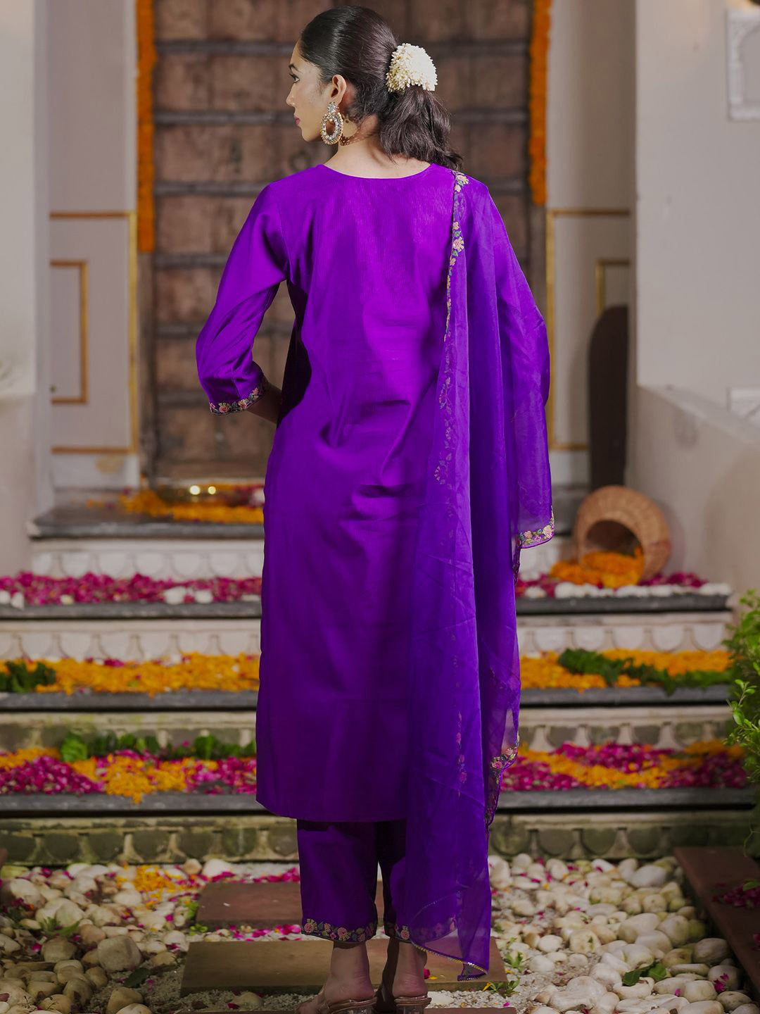 Floral Embroidered Sequinned Liva Kurta With Trousers & Dupatta