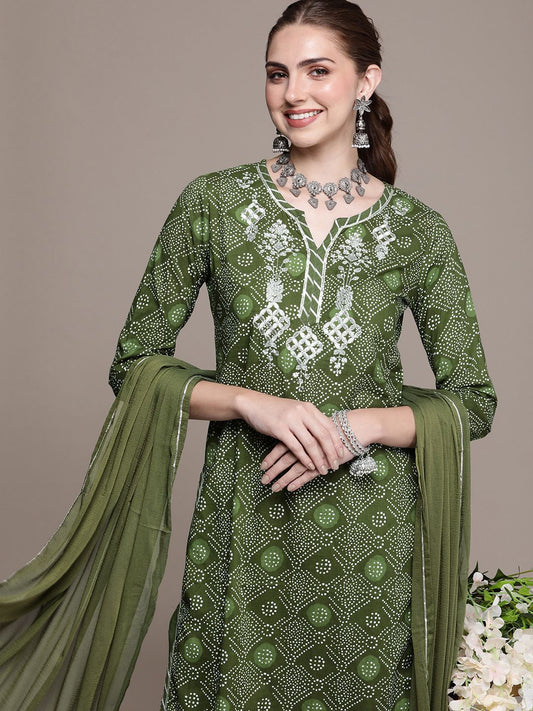 Dhiyona AN Women Green Printed Regular Gotta Patti Kurta with Sharara & With Dupatta