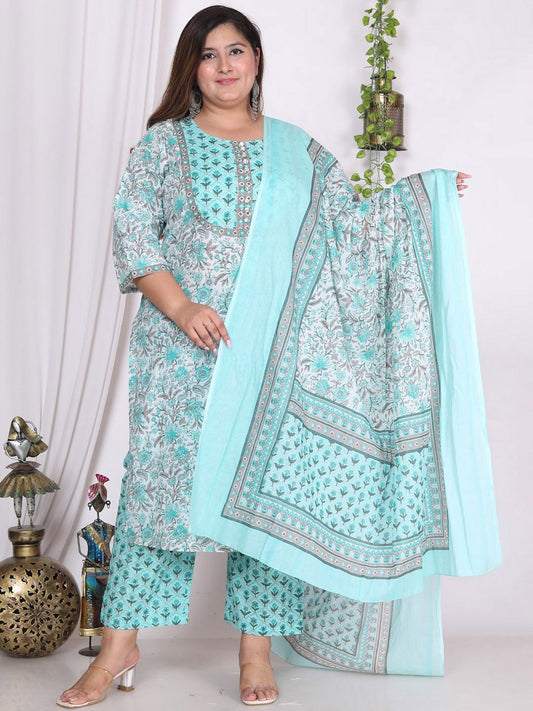 Dhiyona KL Plus Size Floral Printed Sequinned Pure Cotton Kurta With Trousers & Dupatta
