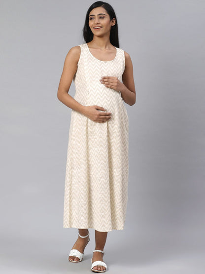 Dhiyona AY Women's Green & Off-White Printed Pure Cotton Maternity Layered A-Line Dress