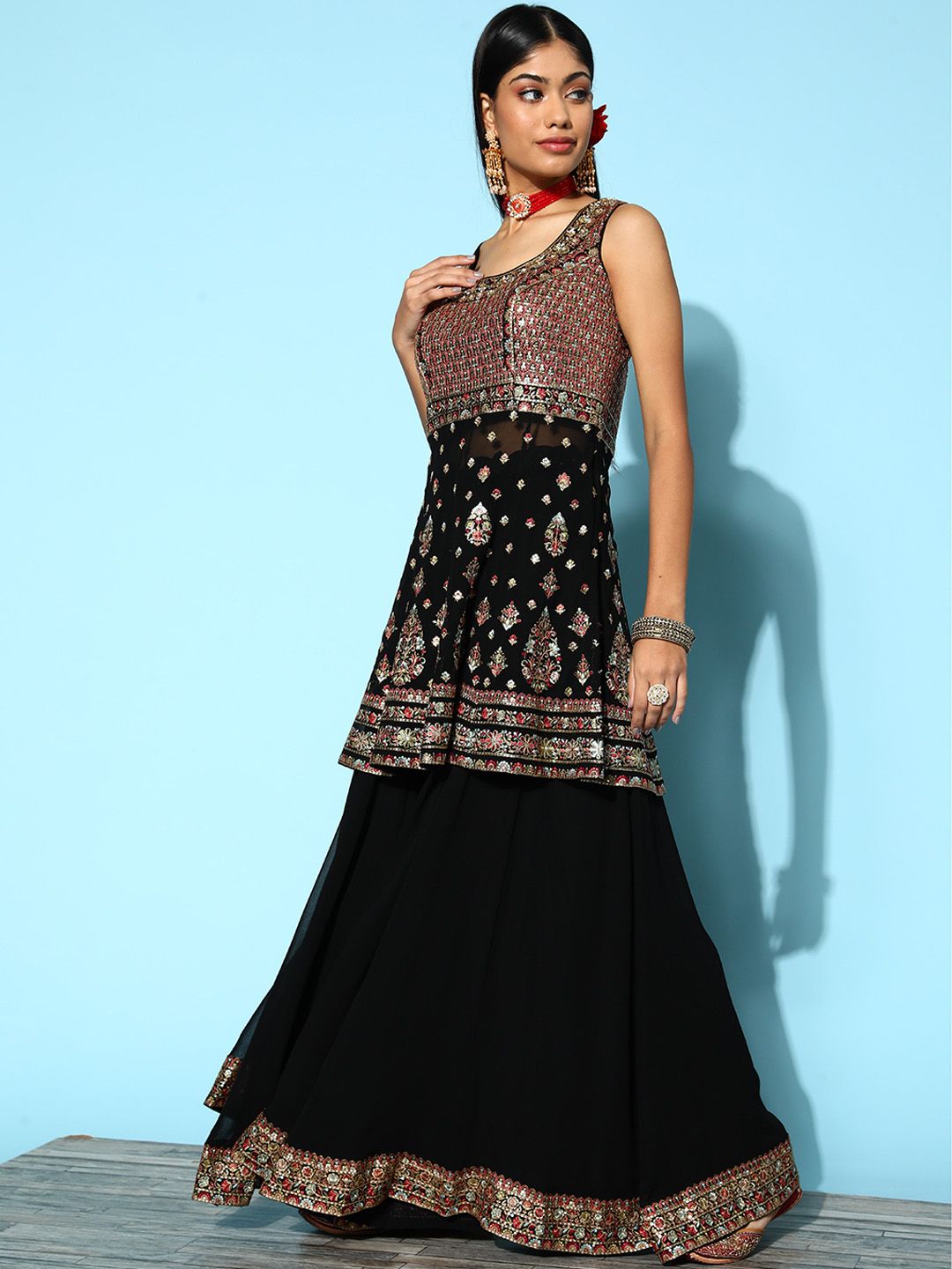 Dhiyona LL Floral Embroidered Empire Sequinned Kurti With Palazzos & With Dupatta