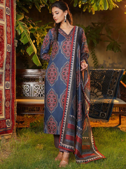 Dhiyona KL Floral Printed V-Neck Straight Kurta With Trousers & Dupatta