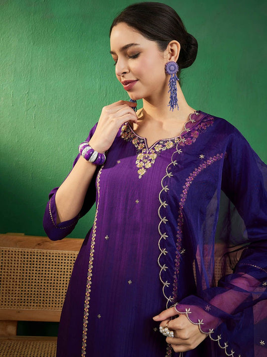 Dhiyona SN Women's Purple & Gold Toned Zari Embroidered Straight Kurta With Trouser & Dupatta