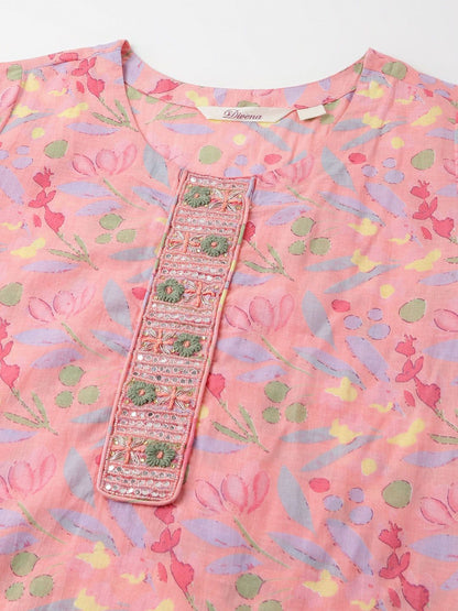 Dhiyona KL Floral Printed Mirror Work Pure Cotton Kurta With Trousers & Dupatta
