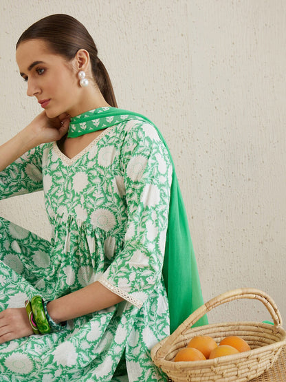 V Neck Floral Printed Empire Mirror Work Pure Cotton Kurta Set