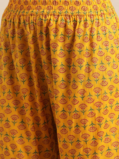 Dhiyona VA Women's Mustard Yellow Ethnic Motifs Empire Gotta Patti Pure Cotton Kurti with Sharara & With Dupatta