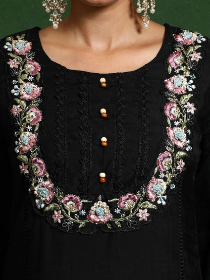 Black Women Floral Embroidered Regular Thread Work Pure Cotton Kurta with Trousers & With Dupatta