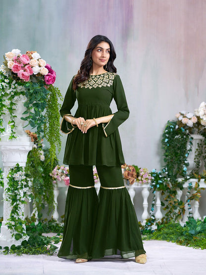 Dhiyona CH Floral Embroidered Pleated A-Line Georgette Embroidered Kurta With Sharara
