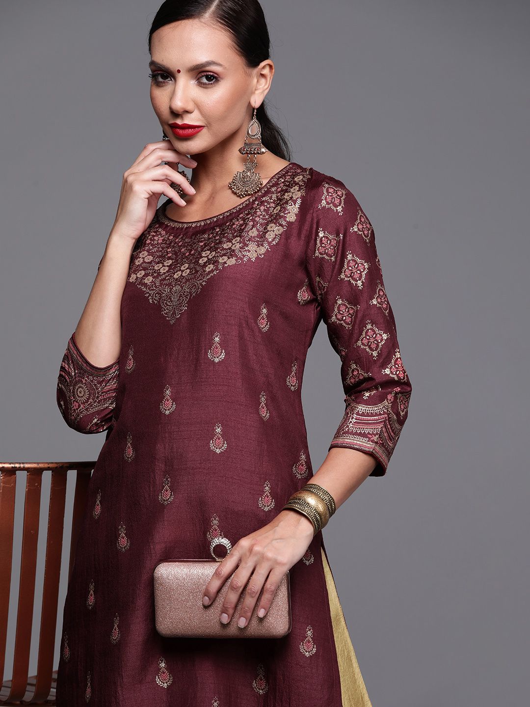 Dhiyona IE Women Maroon and Gold-Toned Ethnic Motifs Foil Print Kurta with Palazzos