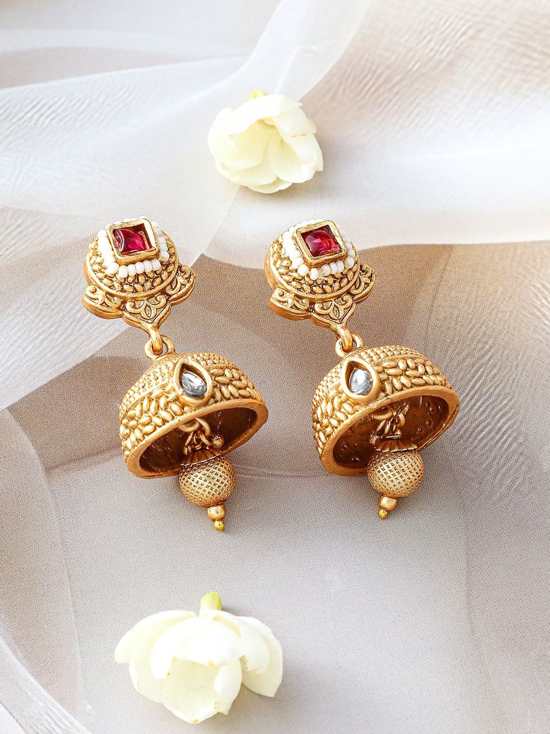 Dhiyona RJ Women's 24K Gold-Plated Ruby & Kundan Studded Floral Design Necklace Set with Jhumkas