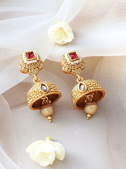 Dhiyona RJ Women's 24K Gold-Plated Ruby & Kundan Studded Floral Design Necklace Set with Jhumkas