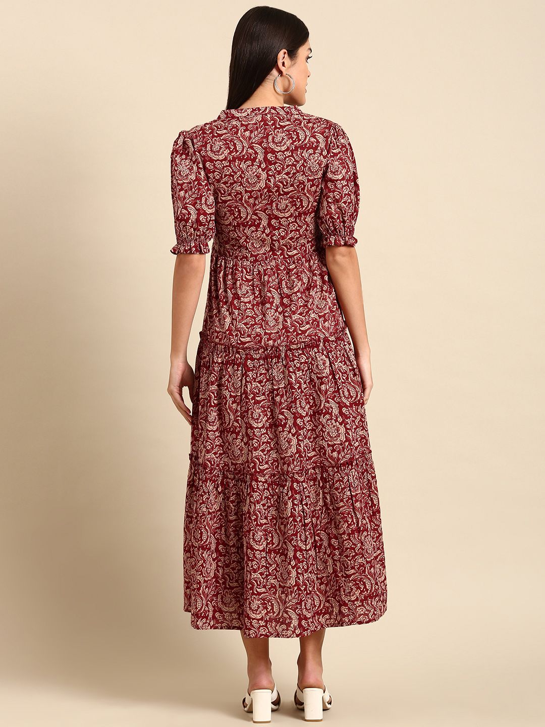 Dhiyona AY Women's Red Floral Ethnic A-Line Cotton Midi Ethnic Dress