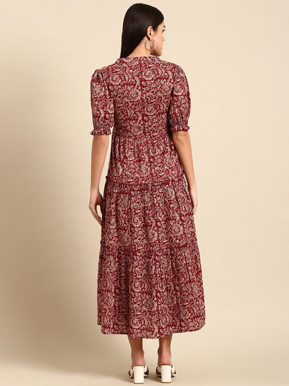 Dhiyona AY Women's Red Floral Ethnic A-Line Cotton Midi Ethnic Dress