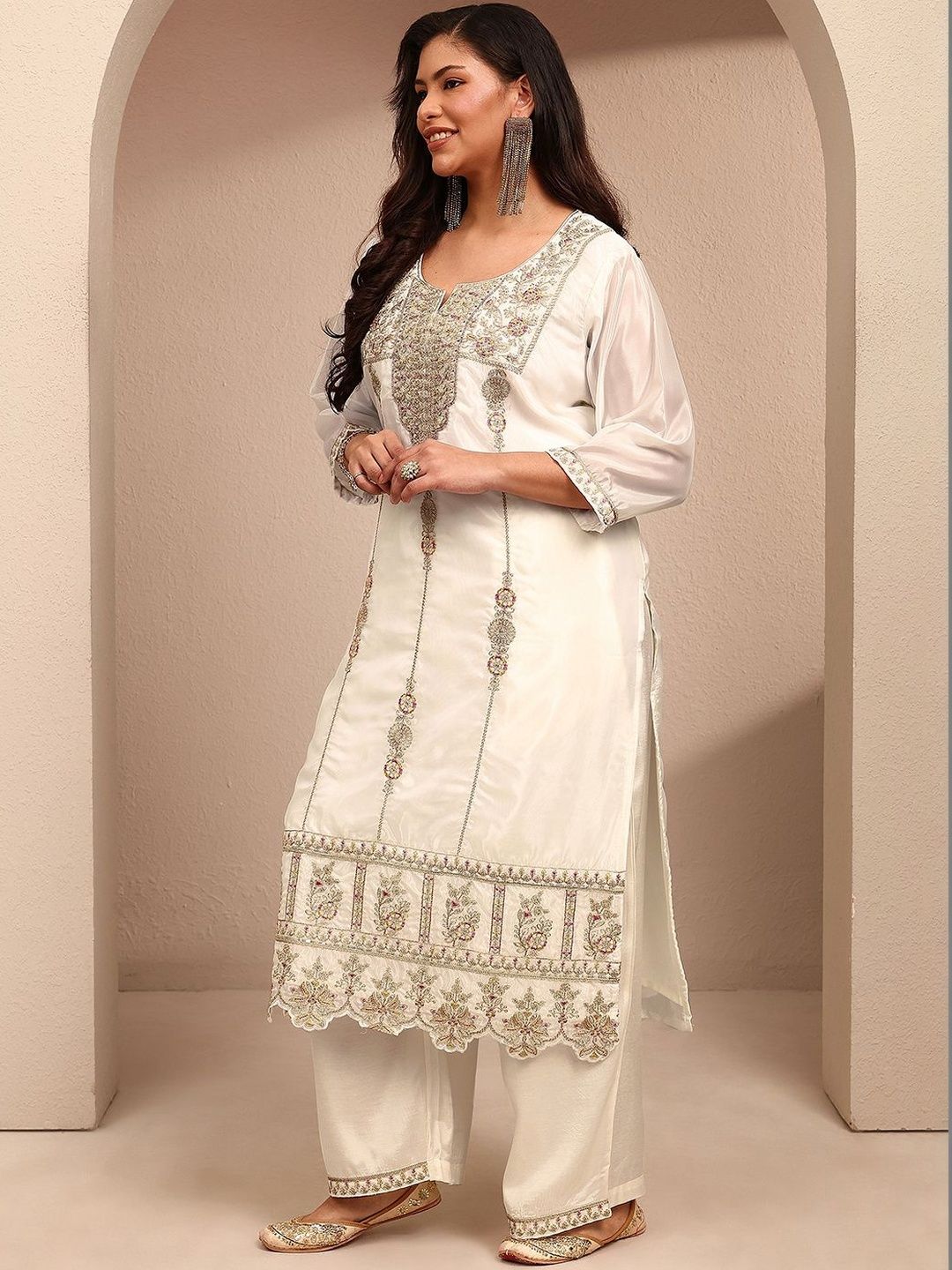 Dhiyona Women's Ethnic Motifs Embroidered Regular Thread Work Kurta with Palazzos & With Dupatta